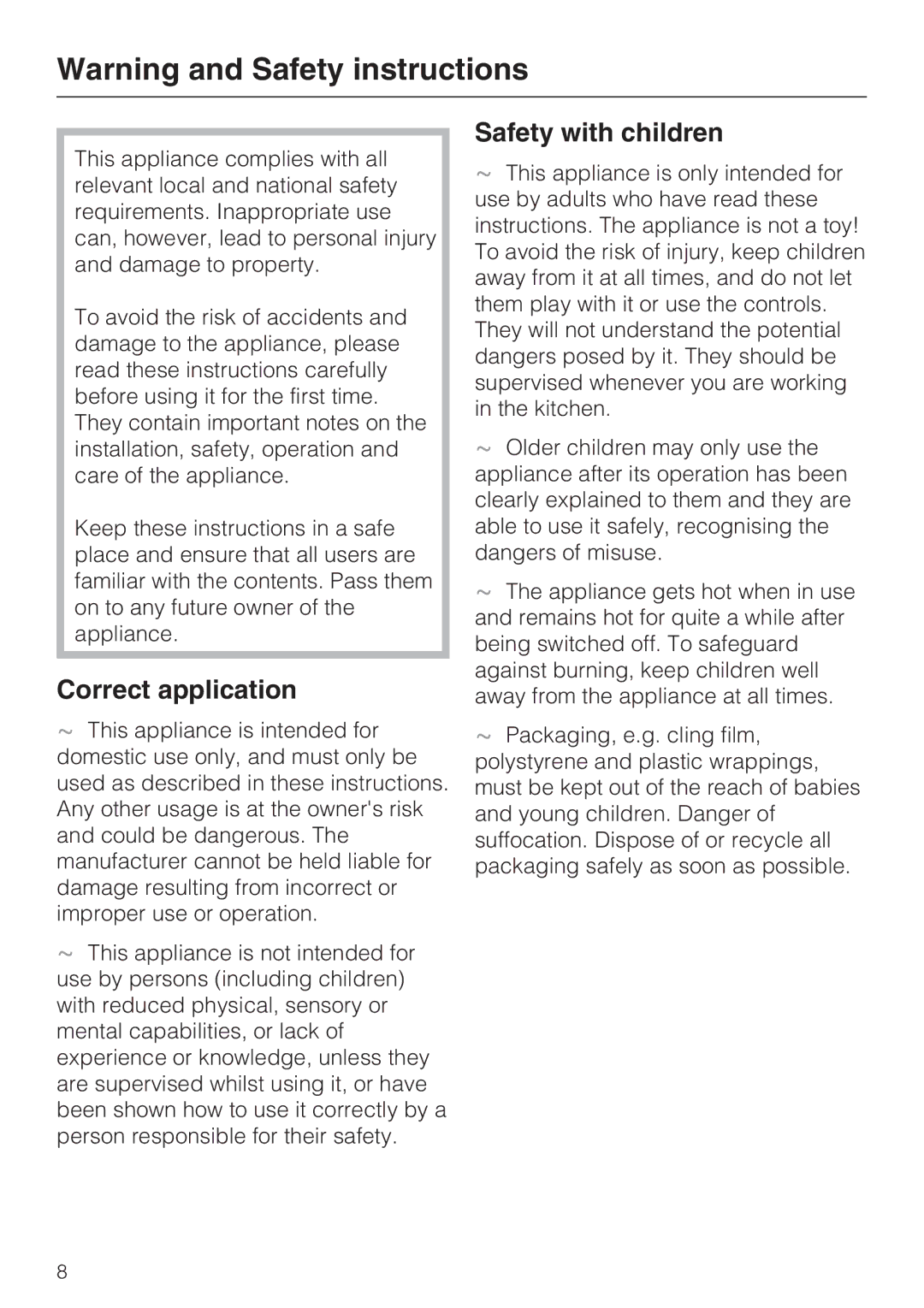 Miele ESW 50X0-29, ESW 50X0-14, ESW 5088-14 installation instructions Correct application, Safety with children 