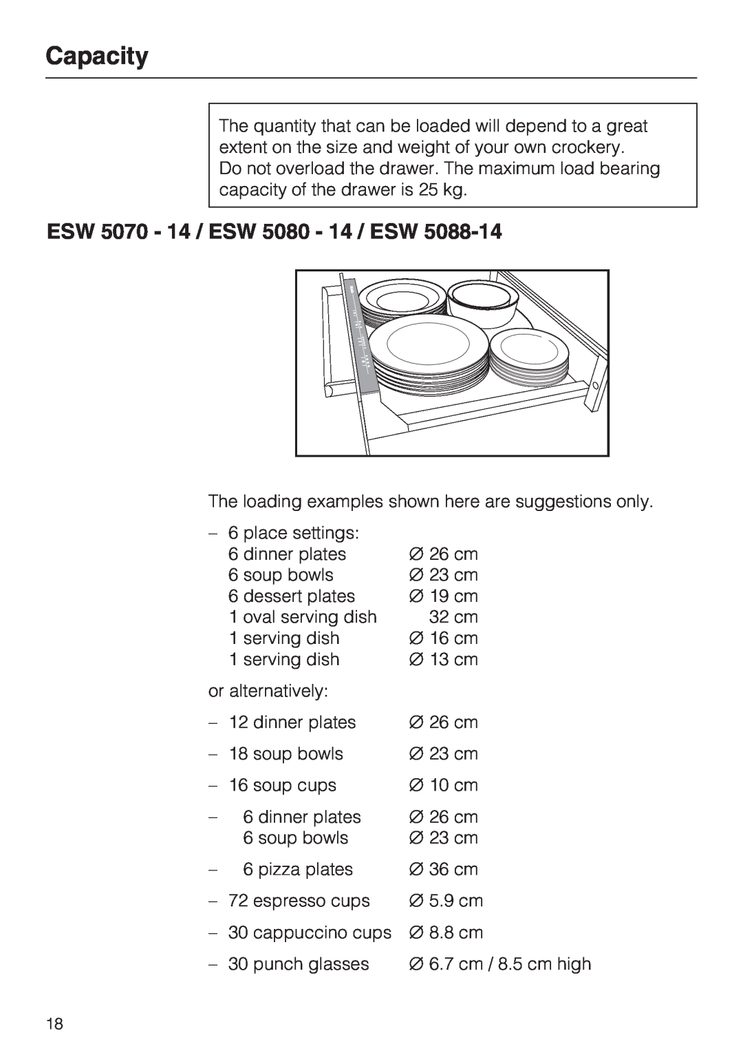Miele ESW 50X0-14, ESW 5088-14, ESW 50X0-29 installation instructions Capacity, ESW 5070 - 14 / ESW 5080 - 14 / ESW 