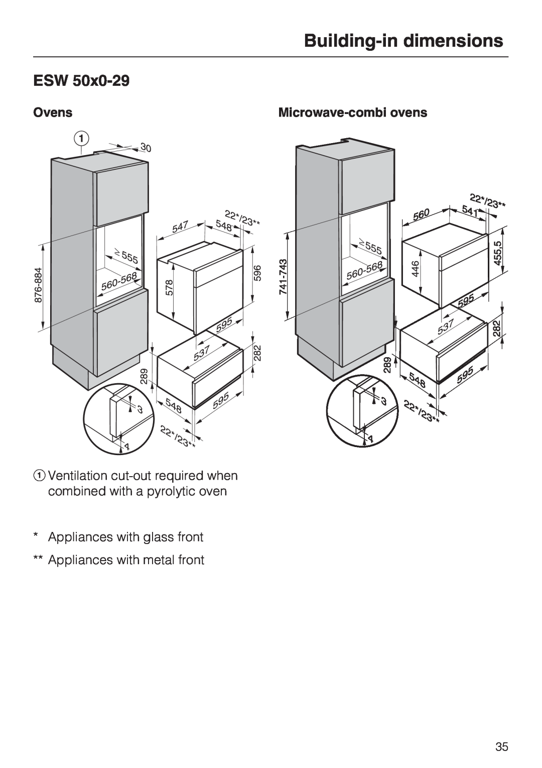 Miele ESW 50X0-29, ESW 50X0-14, ESW 5088-14 installation instructions Building-in dimensions, Ovens, Microwave-combi ovens 