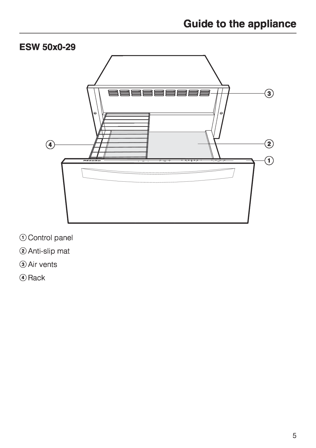 Miele ESW 50X0-29, ESW 50X0-14, ESW 5088-14 Guide to the appliance, a Control panel b Anti-slip mat c Air vents d Rack 