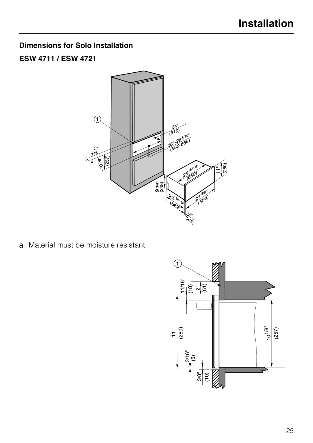 Miele ESW4811, ESW4721, ESW4821, ESW 4801, ESW 4701, ESW4711, ESW 4811, ESW 4821 Dimensions for Solo Installation ESW 4711 / ESW 