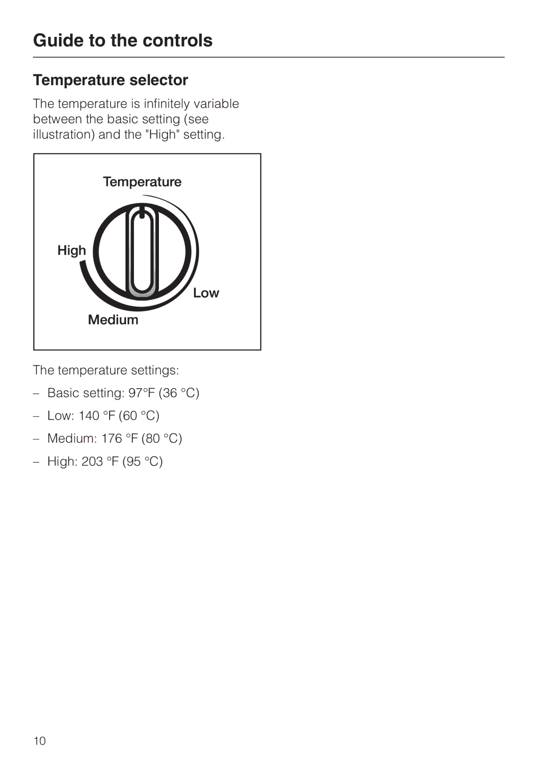 Miele ESW4720, ESW4820, ESW4710, ESW 4800, ESW4810, ESW 4700 installation instructions Temperature selector 