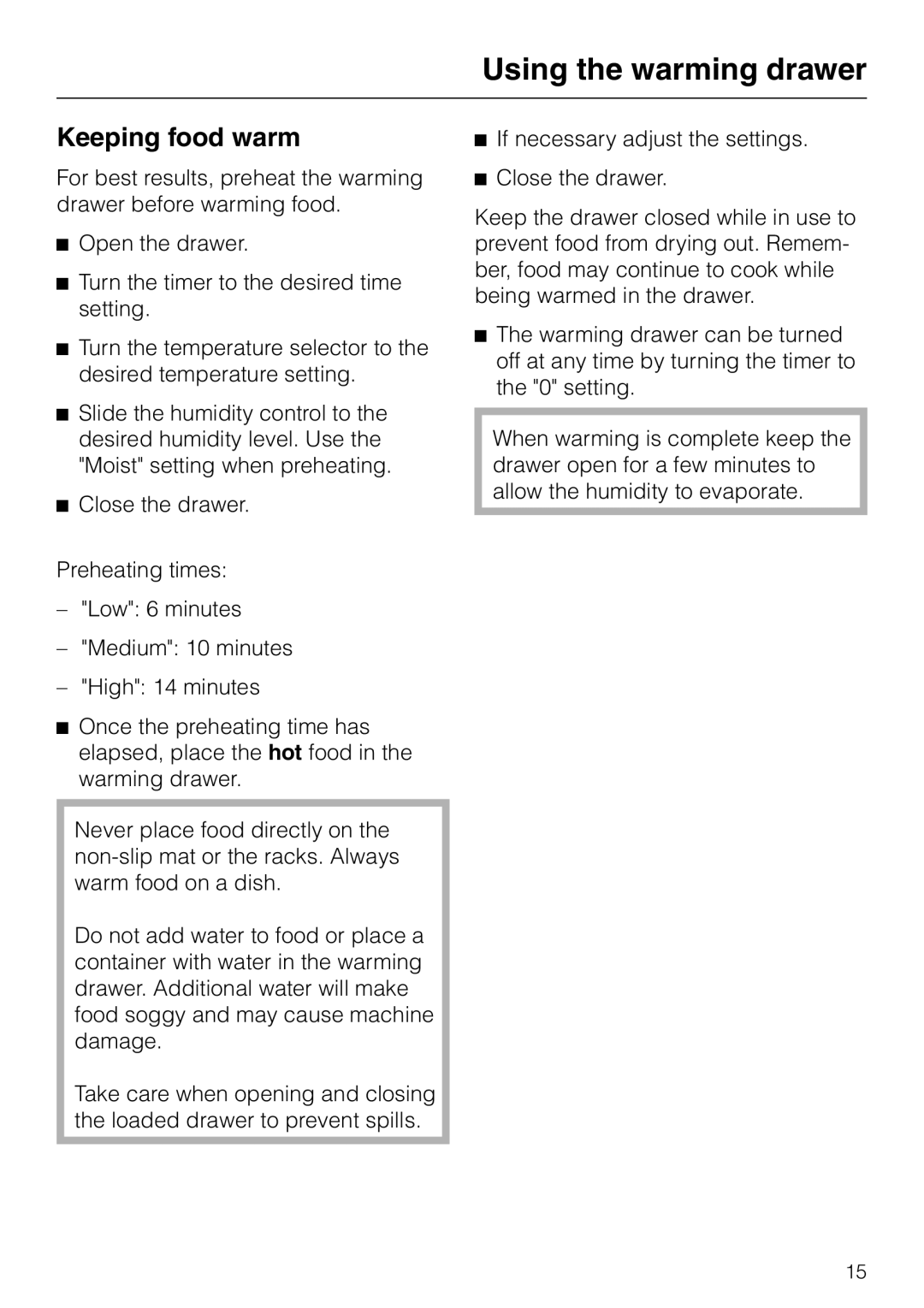 Miele ESW4810, ESW4820, ESW4710, ESW 4800, ESW4720, ESW 4700 Using the warming drawer, Keeping food warm 
