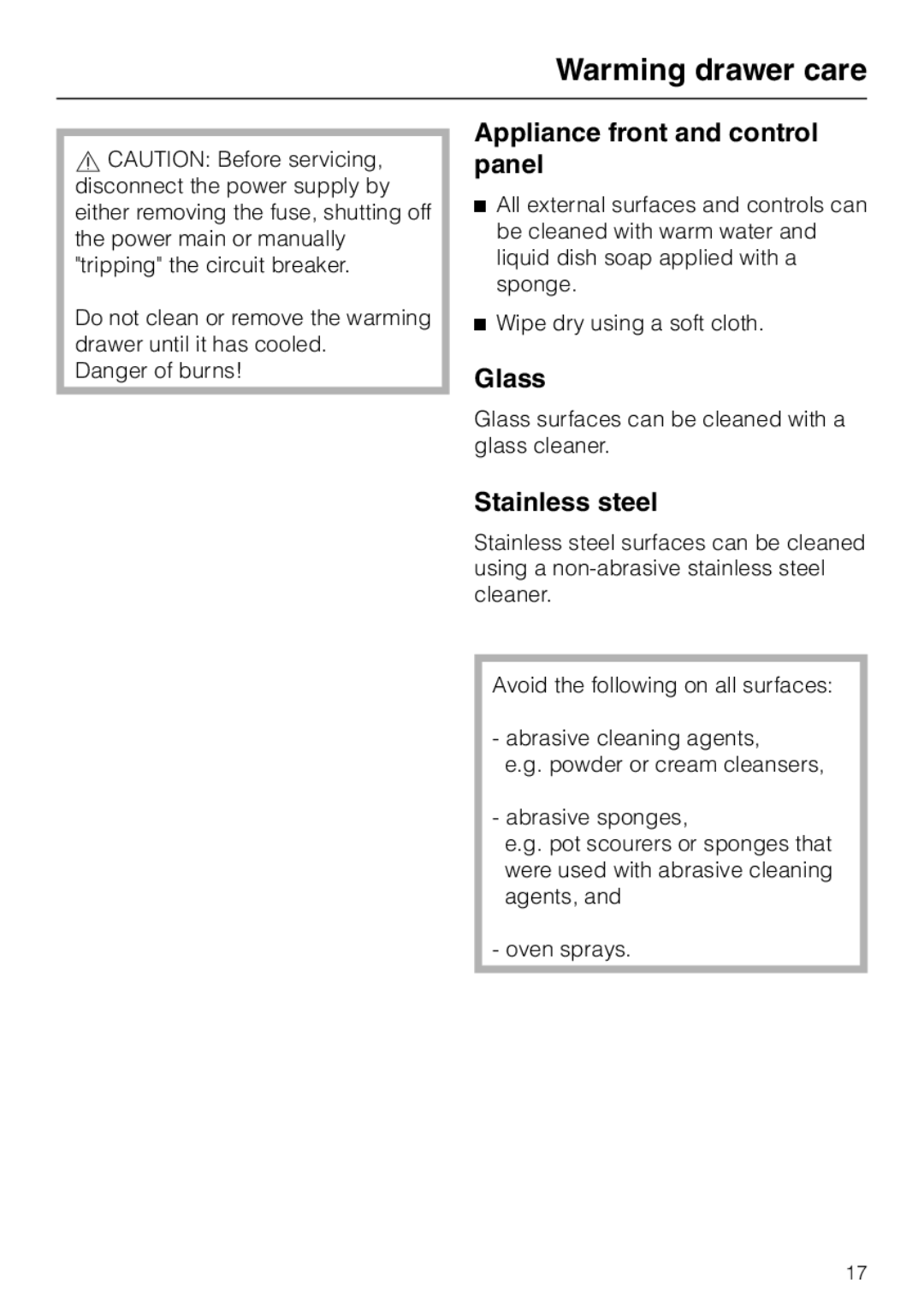 Miele ESW 4700, ESW4820, ESW4710, ESW 4800 Warming drawer care, Appliance front and control panel, Glass, Stainless steel 