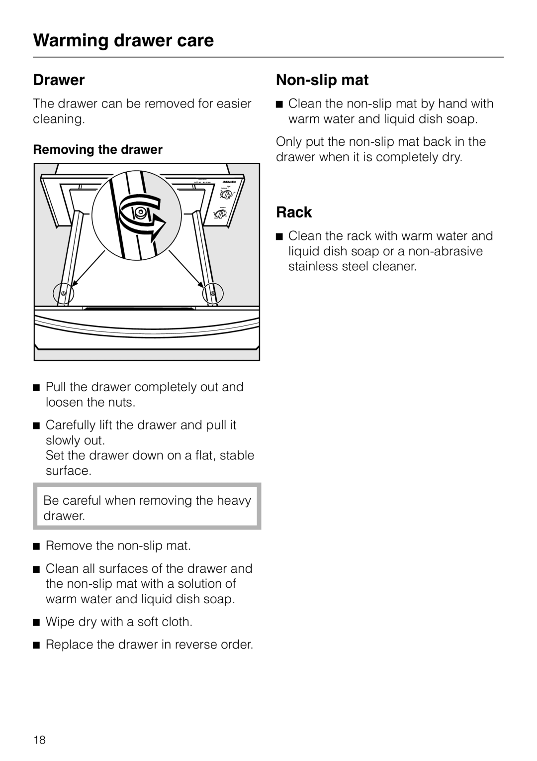 Miele ESW4820, ESW4710, ESW 4800, ESW4810, ESW4720, ESW 4700 Drawer, Non-slip mat, Rack, Removing the drawer 