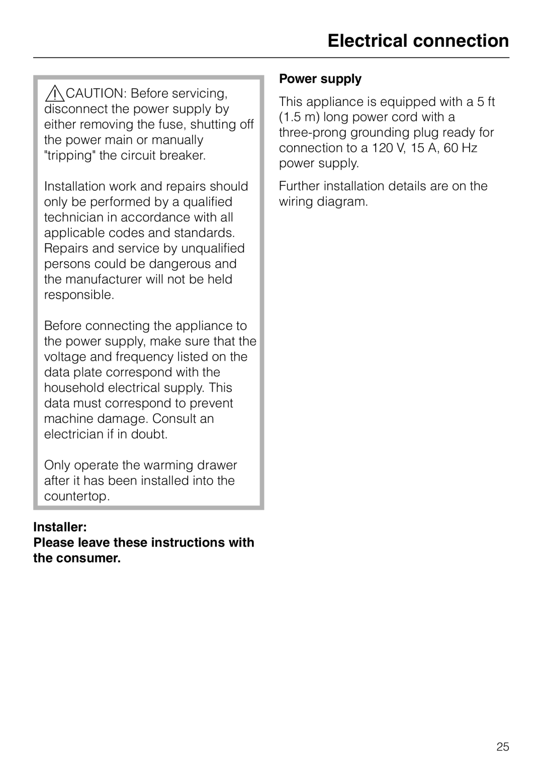 Miele ESW4710, ESW4820, ESW 4800, ESW4810, ESW4720, ESW 4700 installation instructions Electrical connection 