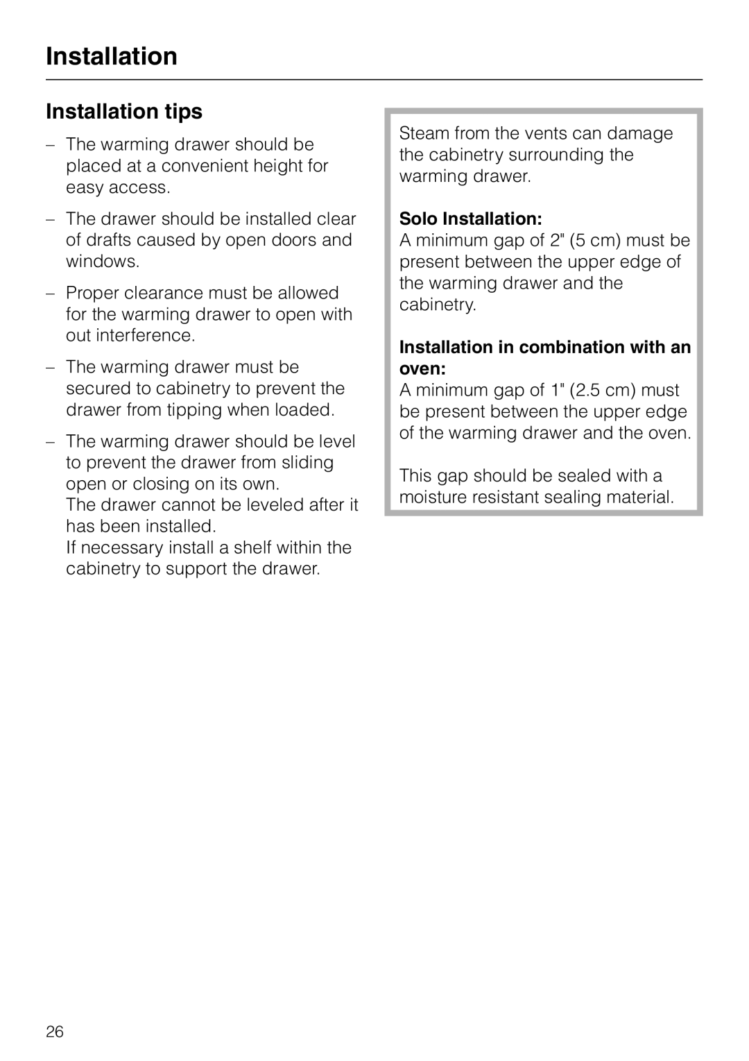 Miele ESW 4800, ESW4820, ESW4710, ESW4810 Installation tips, Solo Installation, Installation in combination with an oven 