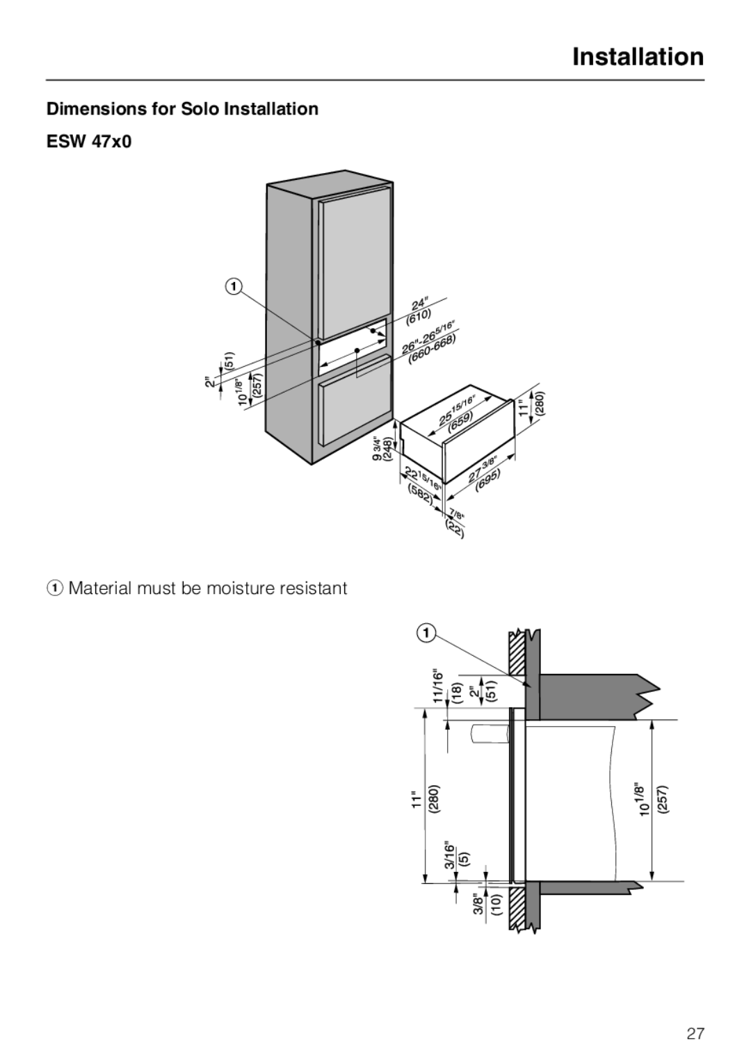 Miele ESW4810, ESW4820, ESW4710, ESW 4800, ESW4720, ESW 4700 installation instructions Dimensions for Solo Installation ESW 