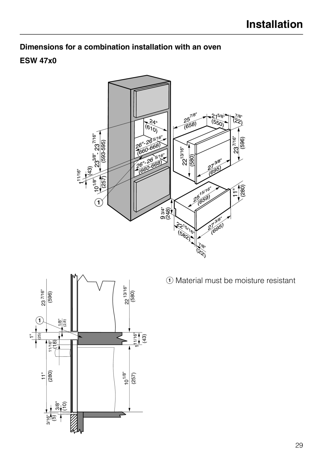 Miele ESW 4700, ESW4820, ESW4710, ESW 4800, ESW4810, ESW4720 Dimensions for a combination installation with an oven ESW 