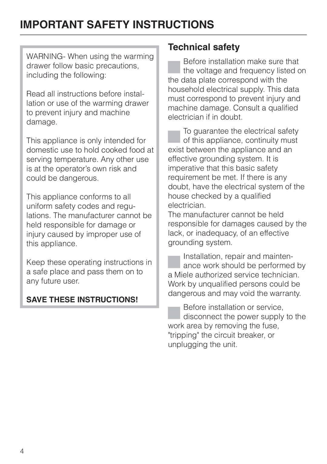 Miele ESW4720, ESW4820, ESW4710, ESW 4800, ESW4810, ESW 4700 Important Safety Instructions, Technical safety 