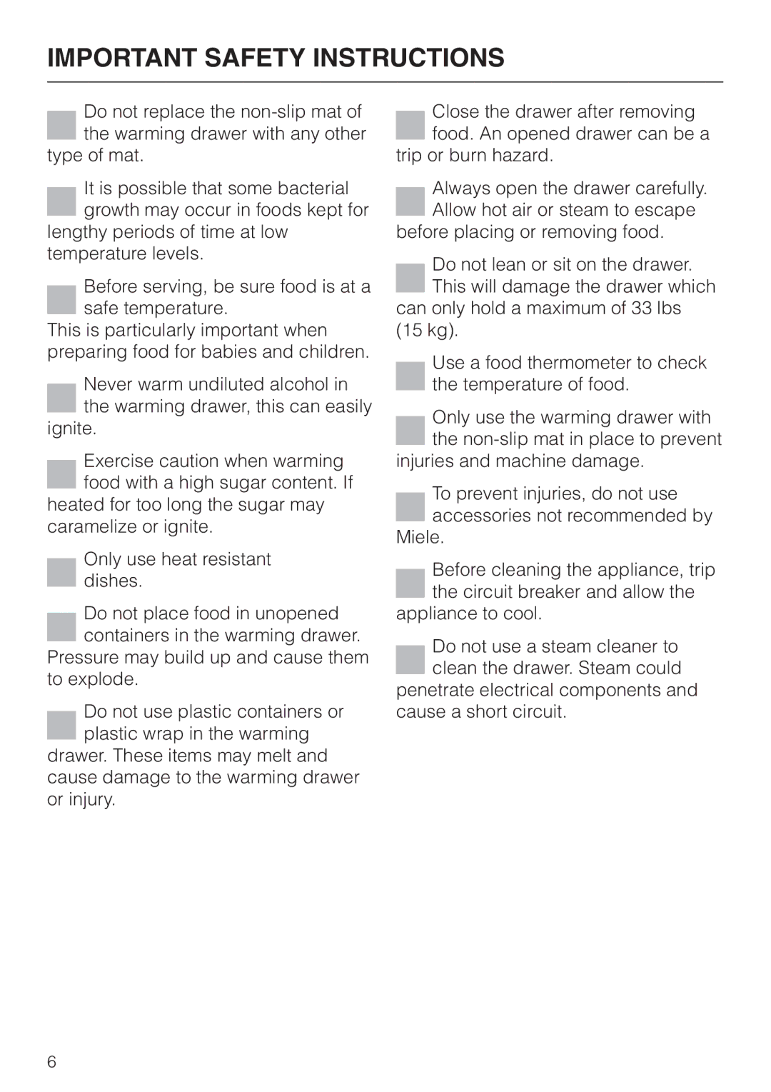 Miele ESW4820, ESW4710, ESW 4800, ESW4810, ESW4720, ESW 4700 installation instructions Important Safety Instructions 