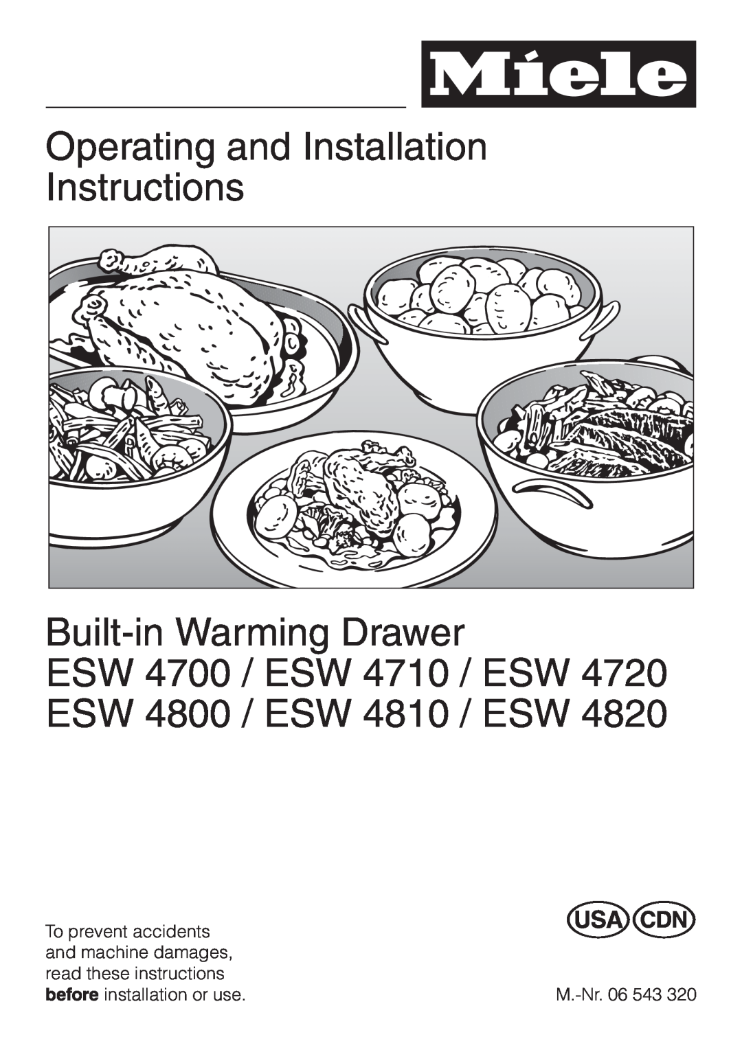 Miele ESW4710, ESW4820, ESW 4800 installation instructions Operating and Installation Instructions Built-in Warming Drawer 