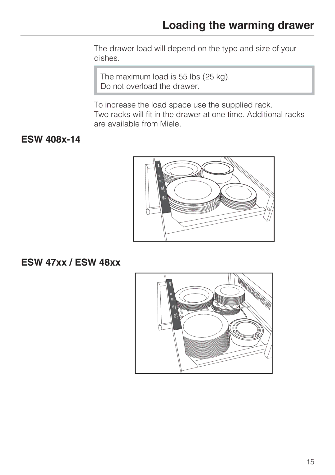 Miele ESW 408X-14, ESW48XX installation instructions Loading the warming drawer, ESW ESW 47xx / ESW 