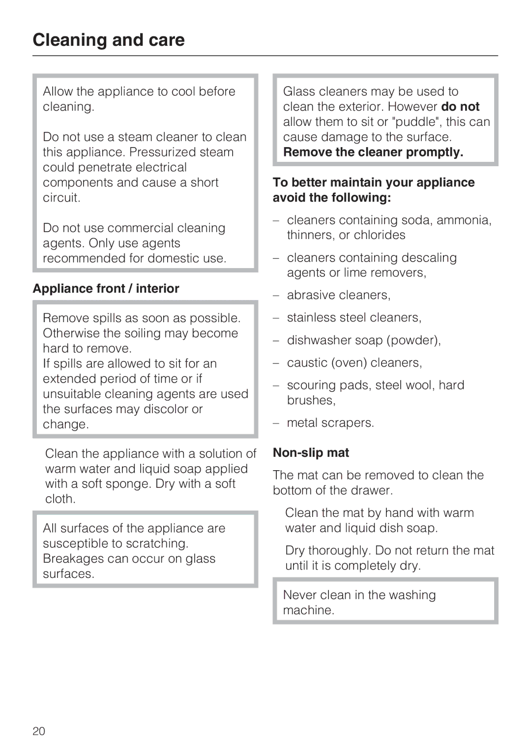 Miele ESW48XX, ESW 408X-14 installation instructions Cleaning and care, Appliance front / interior, Non-slip mat 