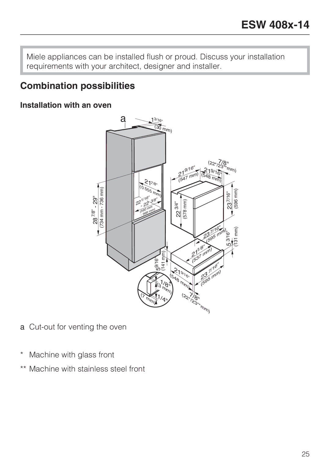 Miele ESW 408X-14, ESW48XX installation instructions Esw, Combination possibilities, Installation with an oven 