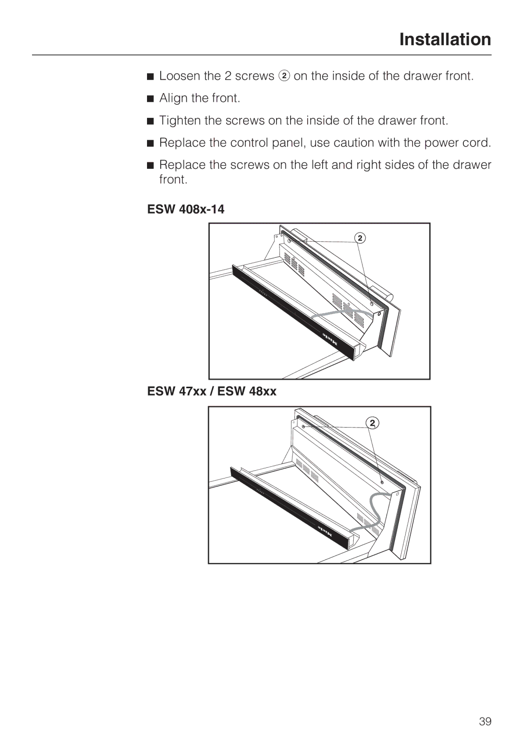 Miele ESW 408X-14, ESW48XX installation instructions Installation 