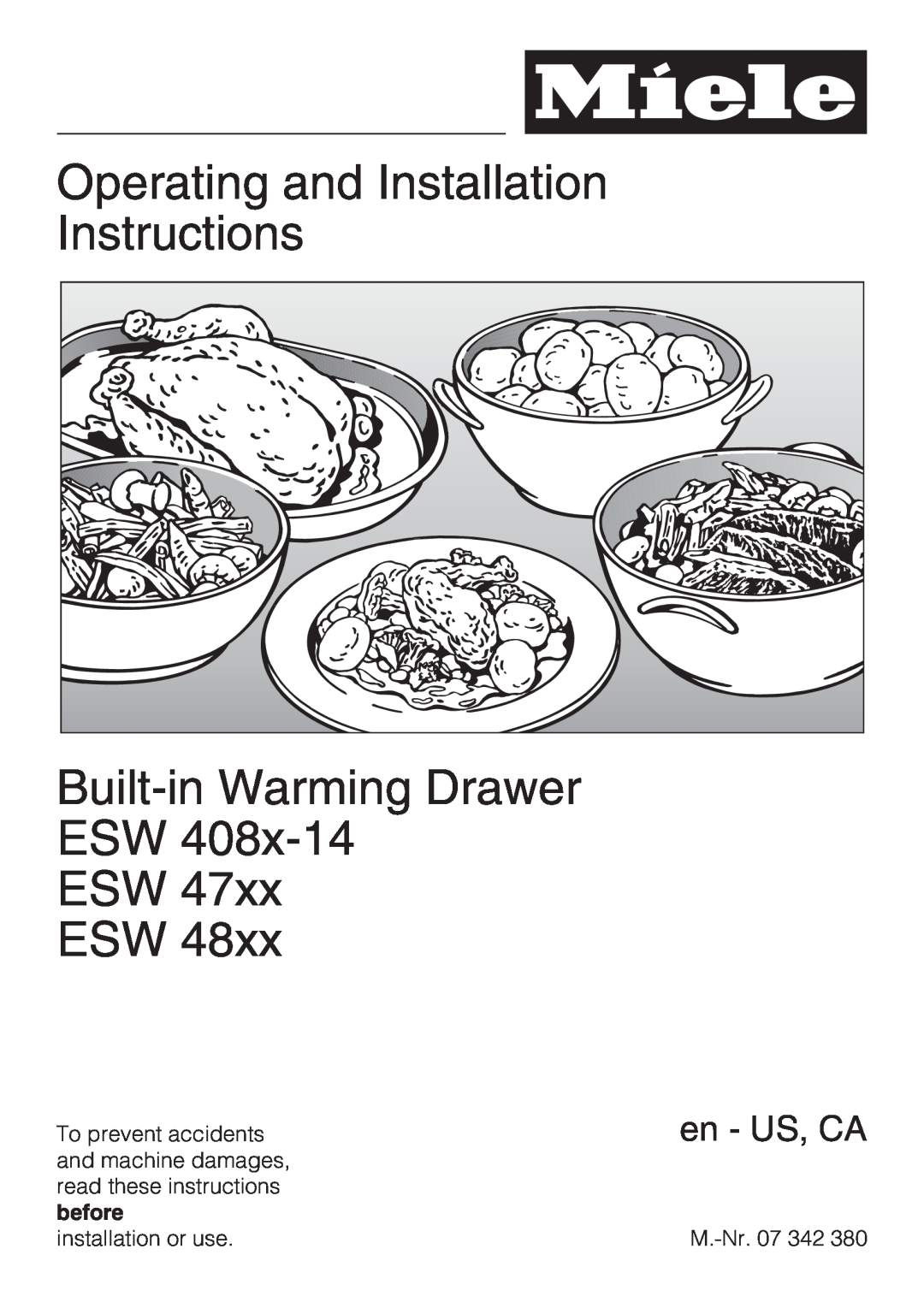 Miele ESW 408X-14 installation instructions Operating and Installation Instructions Built-in Warming Drawer ESW, Esw Esw 
