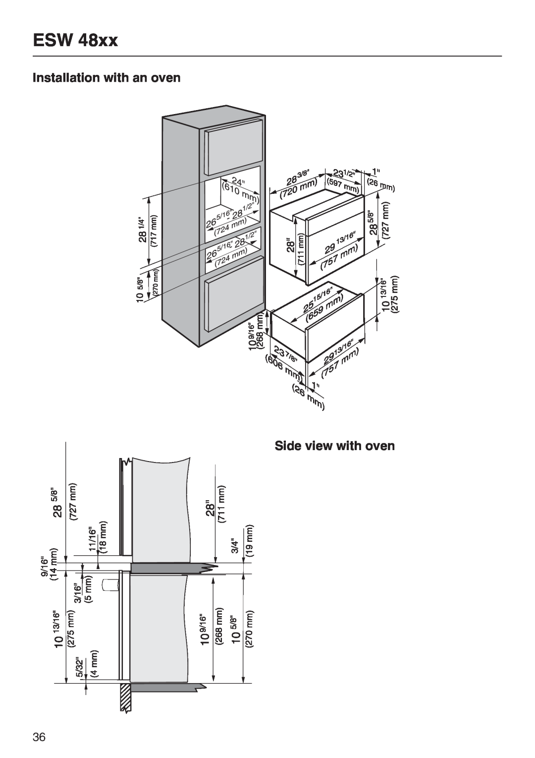 Miele ESW48XX, ESW 408X-14 installation instructions Installation with an oven Side view with oven 