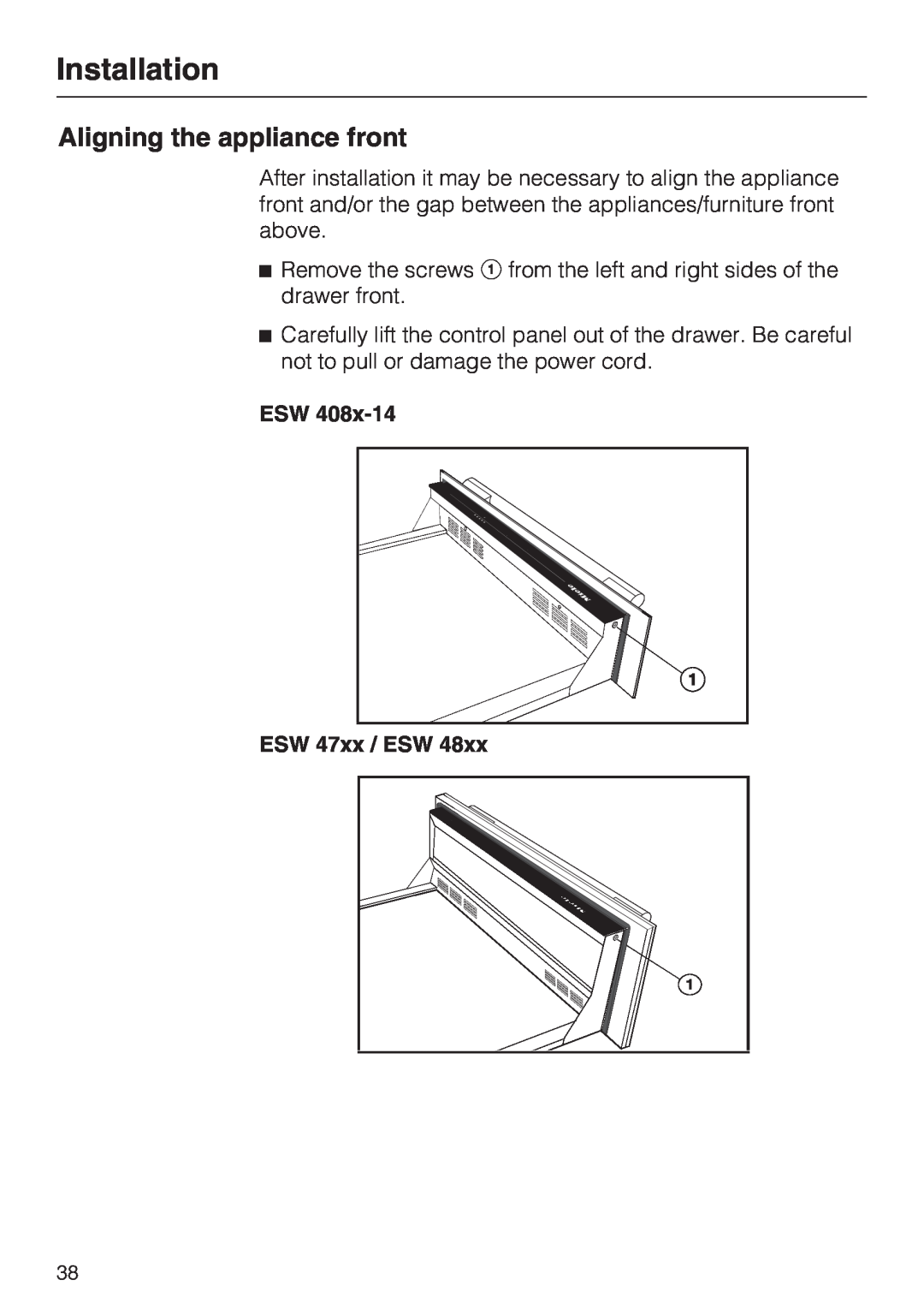 Miele ESW48XX, ESW 408X-14 installation instructions Aligning the appliance front, Installation 
