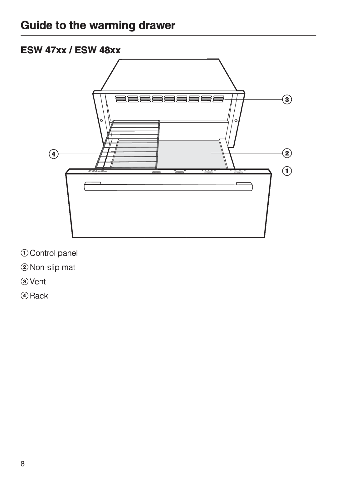 Miele ESW48XX, ESW 408X-14 ESW 47xx / ESW, Guide to the warming drawer, aControl panel bNon-slip mat c Vent d Rack 
