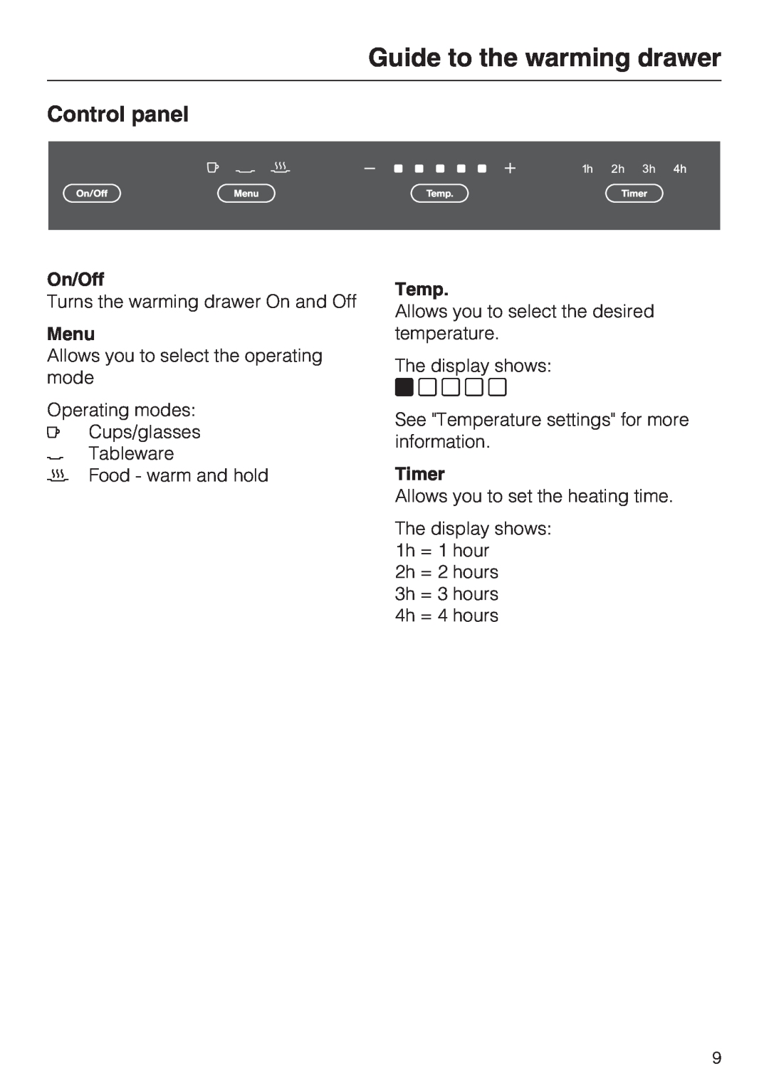 Miele ESW 408X-14, ESW48XX installation instructions Control panel, On/Off, Menu, Temp, Timer, Guide to the warming drawer 
