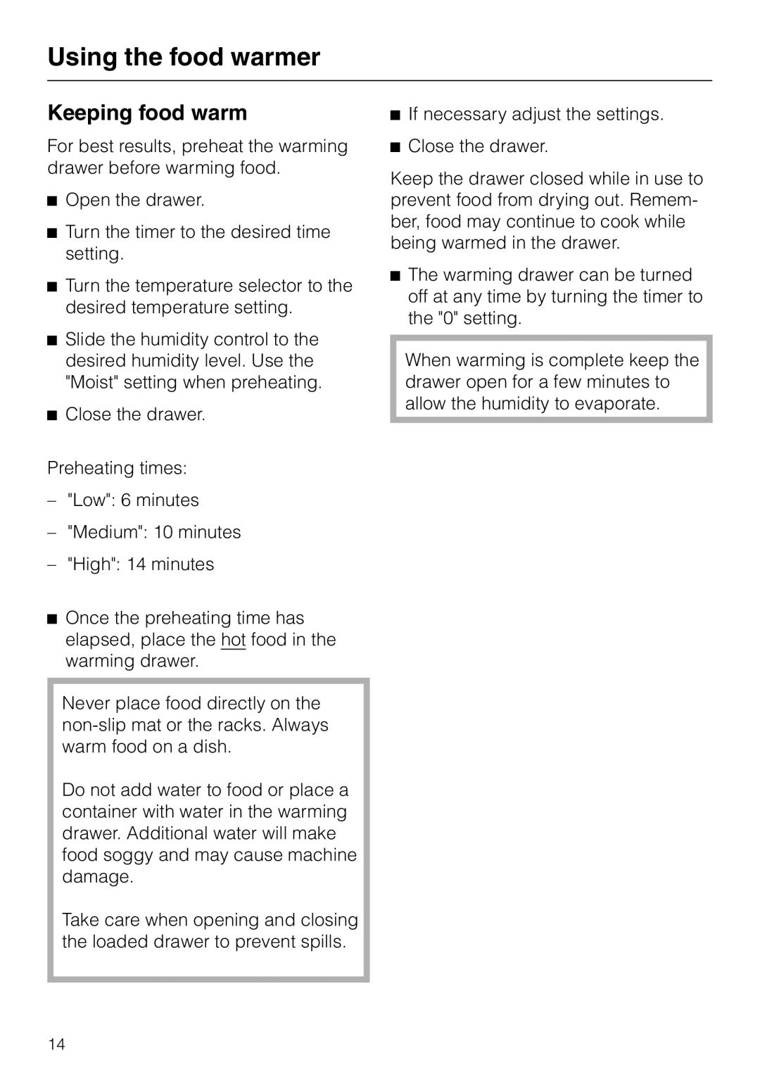 Miele ESW700-25, ESW761-25, ESW760-25 manual Using the food warmer, Keeping food warm 