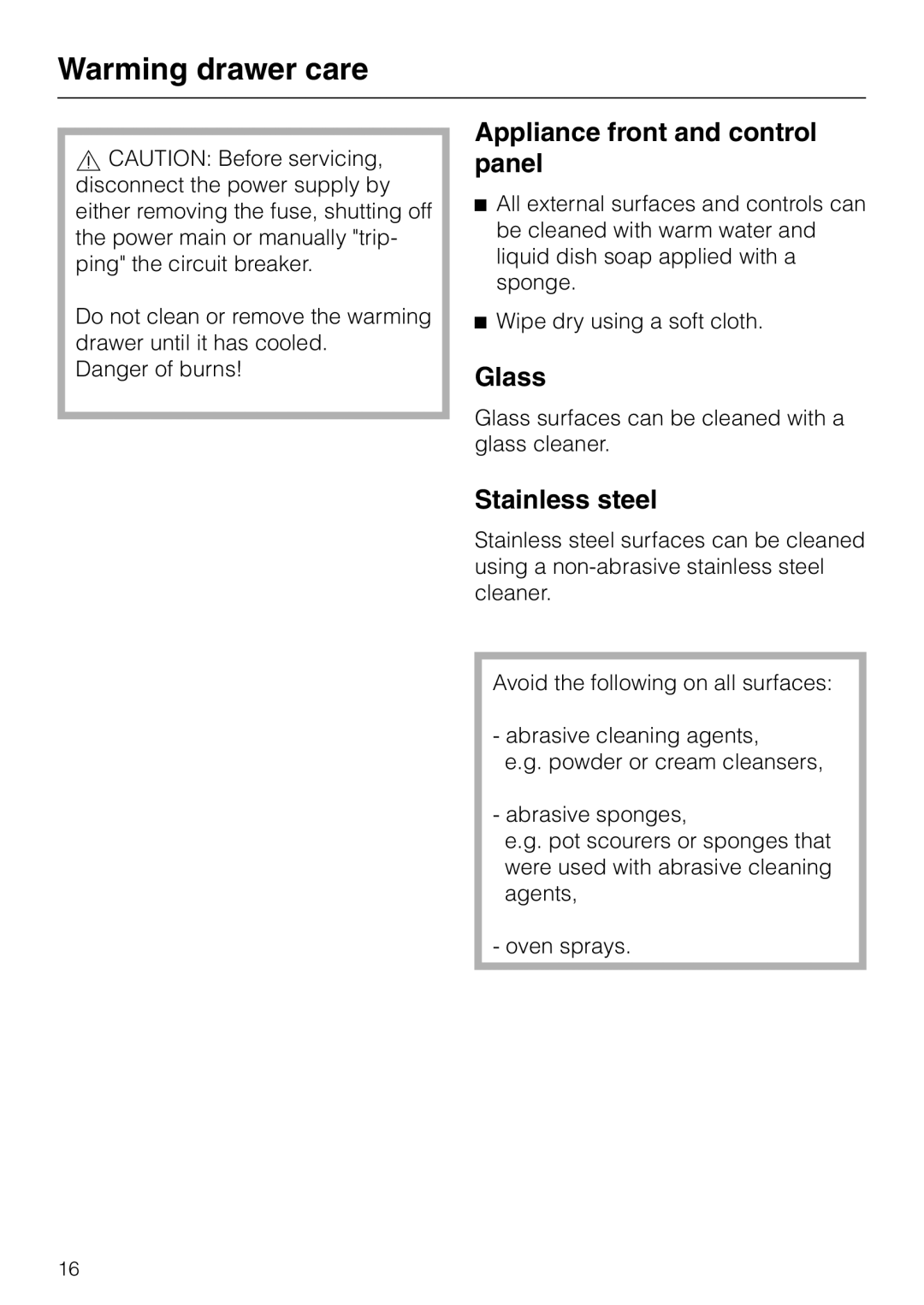 Miele ESW760-25, ESW761-25, ESW700-25 manual Warming drawer care, Appliance front and control panel, Glass, Stainless steel 