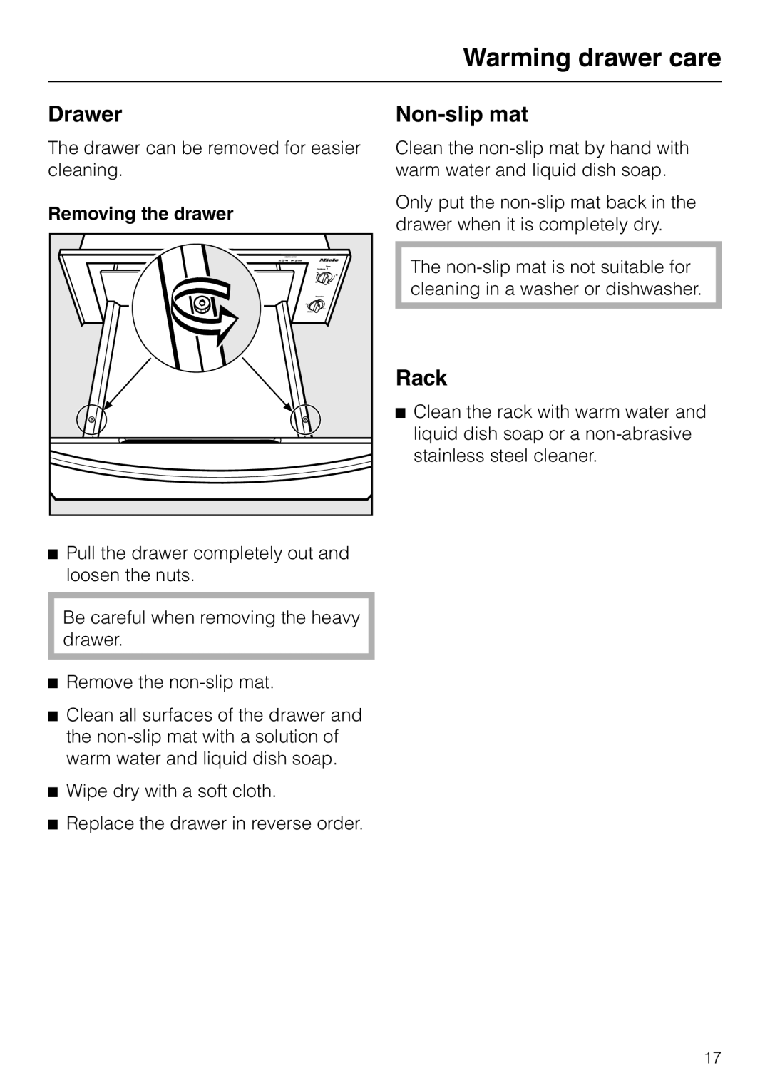 Miele ESW700-25, ESW761-25, ESW760-25 manual Drawer, Non-slip mat, Rack, Removing the drawer 