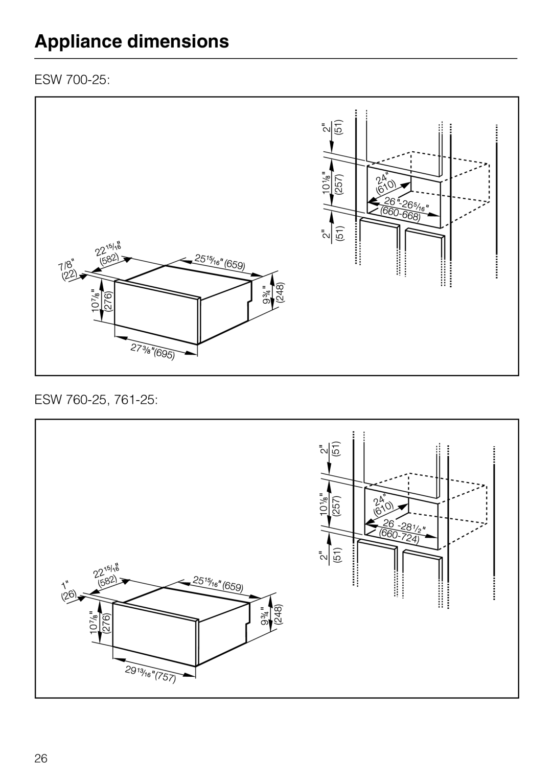 Miele ESW700-25, ESW761-25, ESW760-25 manual Appliance dimensions 