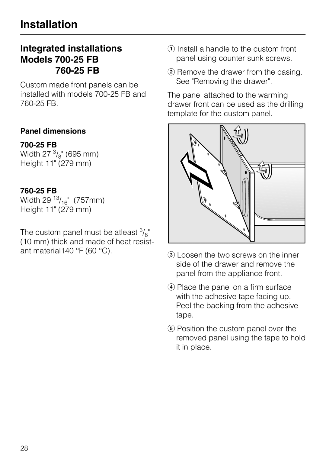 Miele ESW760-25, ESW761-25, ESW700-25 manual Integrated installations Models 700-25 FB 760-25 FB, Panel dimensions 700-25 FB 