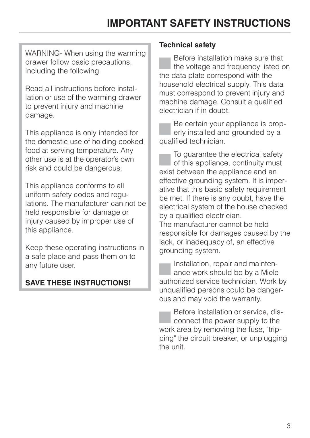 Miele ESW761-25, ESW760-25, ESW700-25 manual Important Safety Instructions, Technical safety 