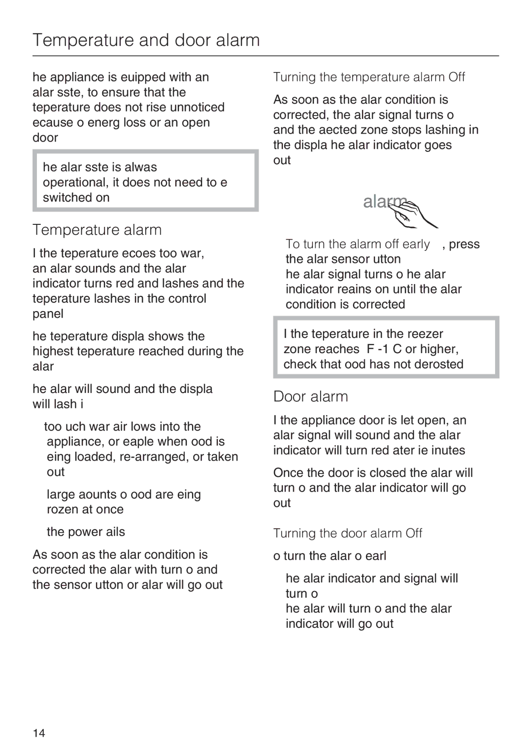 Miele F 1411 SF installation instructions Temperature and door alarm, Temperature alarm, Door alarm 