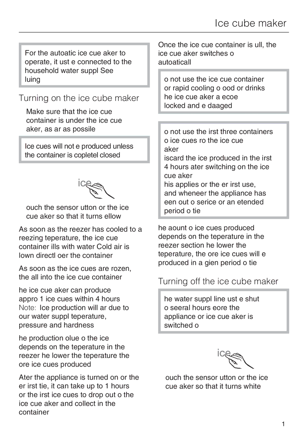 Miele F 1411 SF installation instructions Ice cube maker, Turning on the ice cube maker, Turning off the ice cube maker 