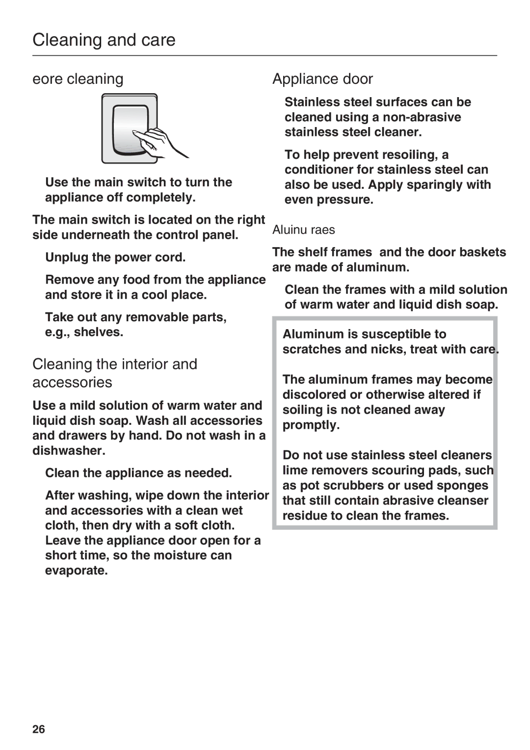 Miele F 1411 SF Before cleaning, Cleaning the interior and accessories, Appliance door, Aluminum frames 