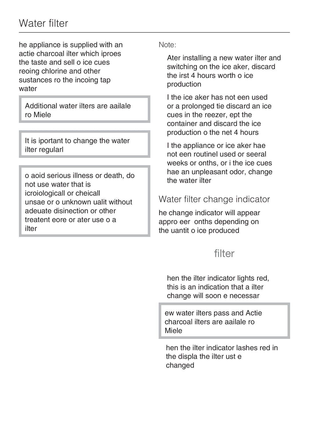 Miele F 1411 SF installation instructions Water filter change indicator 