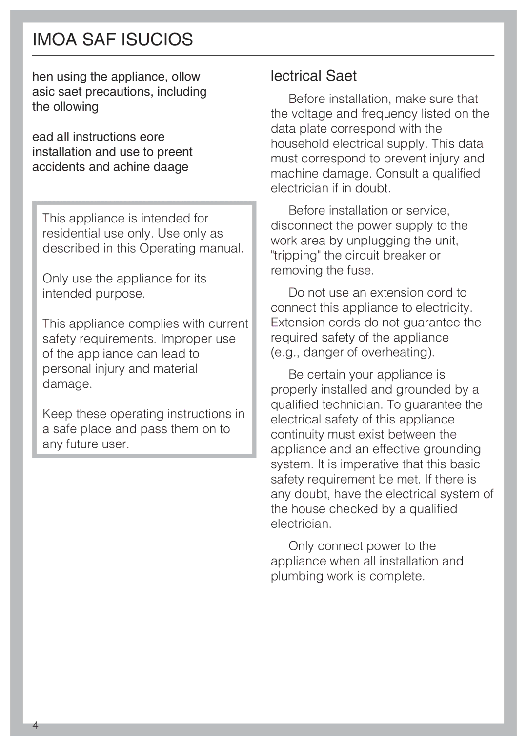 Miele F 1411 SF installation instructions Important Safety Instructions, Electrical Safety 