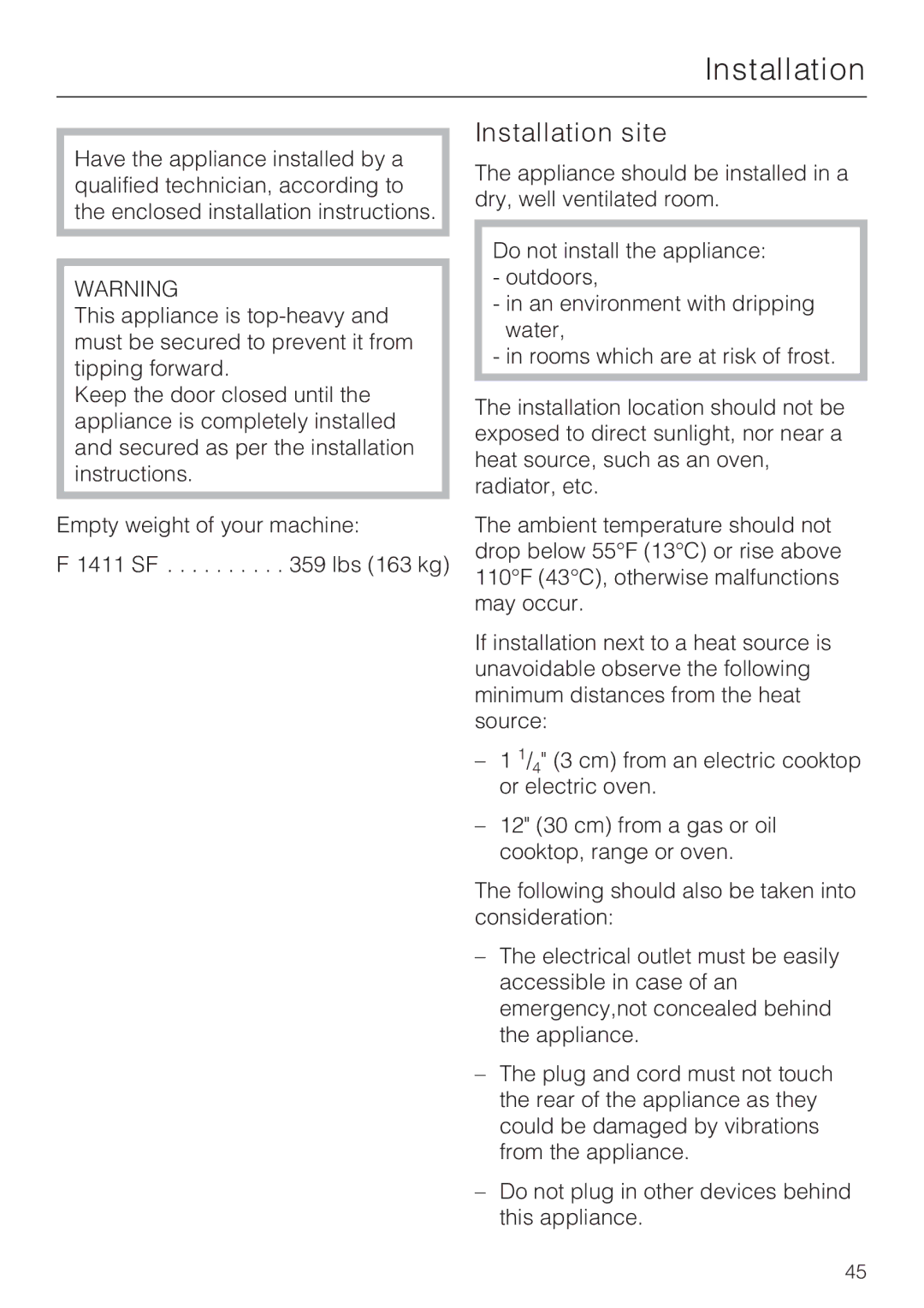 Miele F 1411 SF installation instructions Installation site 