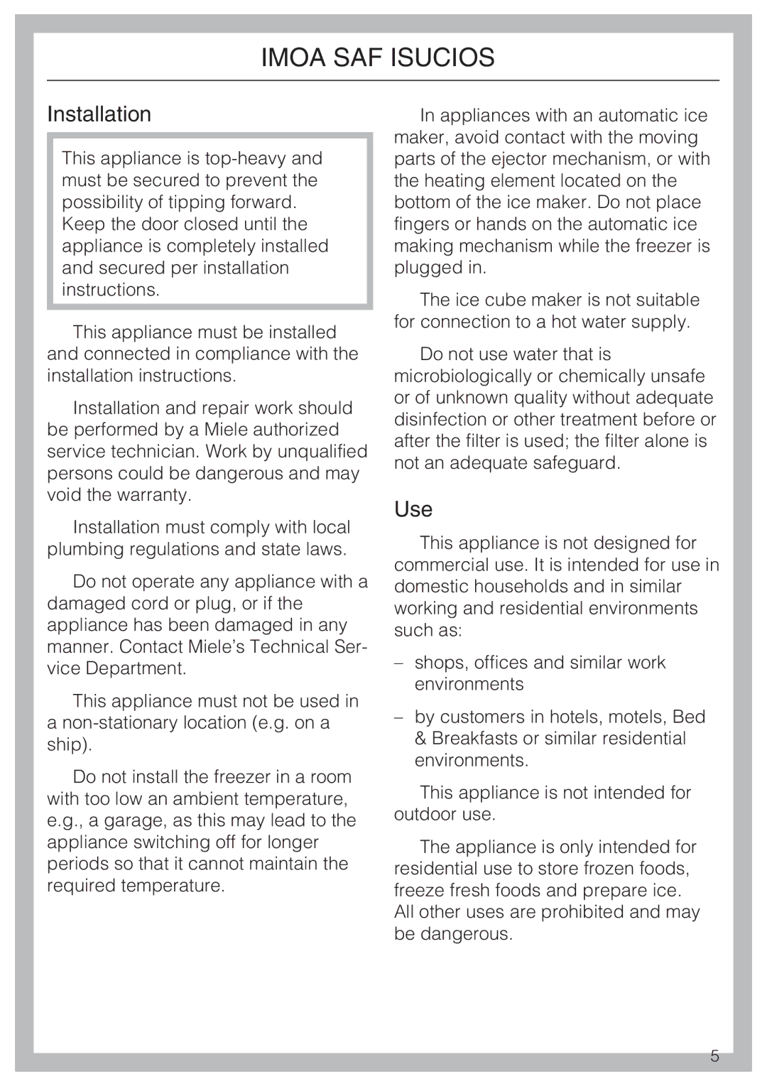 Miele F 1411 SF installation instructions Installation, Use 