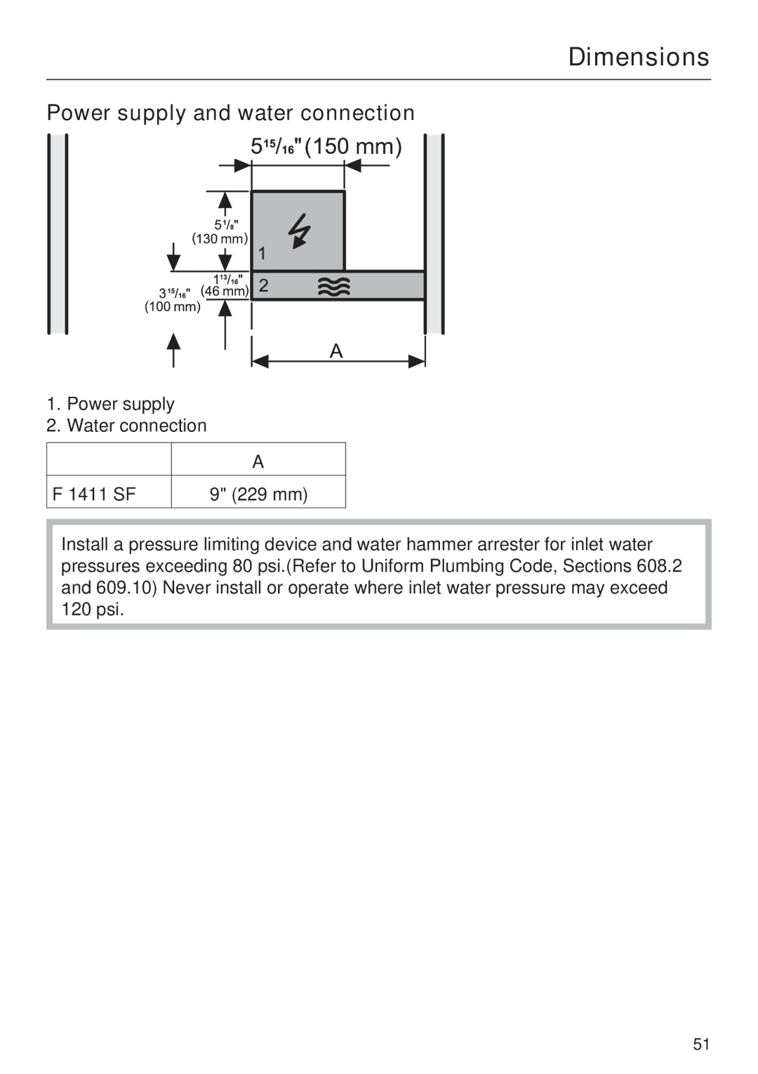 Miele F 1411 SF installation instructions Power supply and water connection, 1411 SF 229 mm 