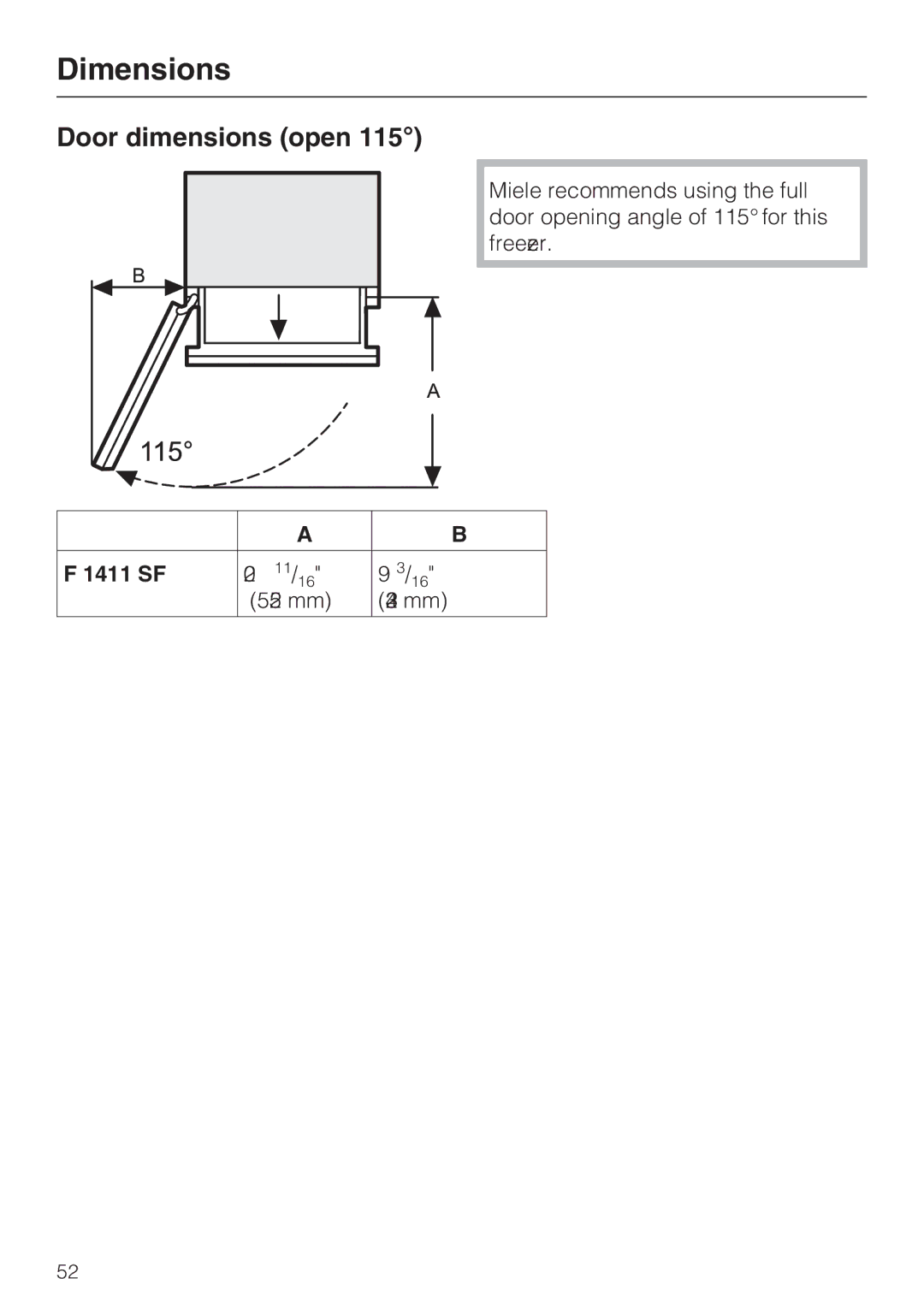 Miele F 1411 SF installation instructions Door dimensions open 