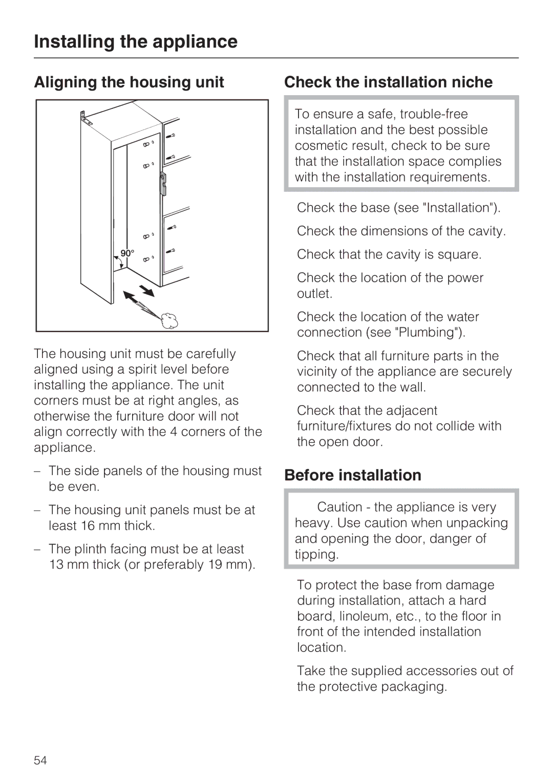 Miele F 1411 SF installation instructions Aligning the housing unit Check the installation niche, Before installation 