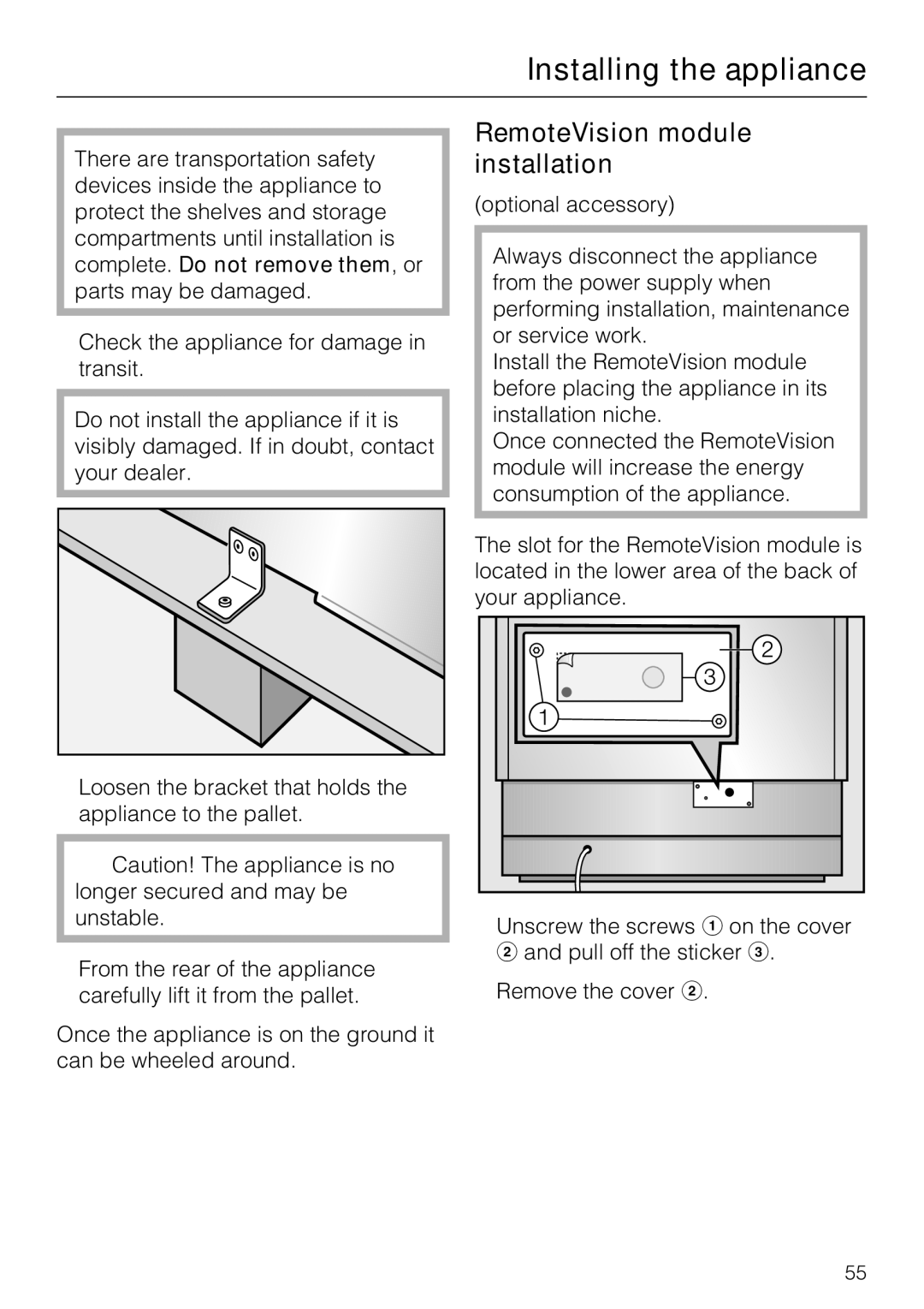 Miele F 1411 SF installation instructions RemoteVision module installation 