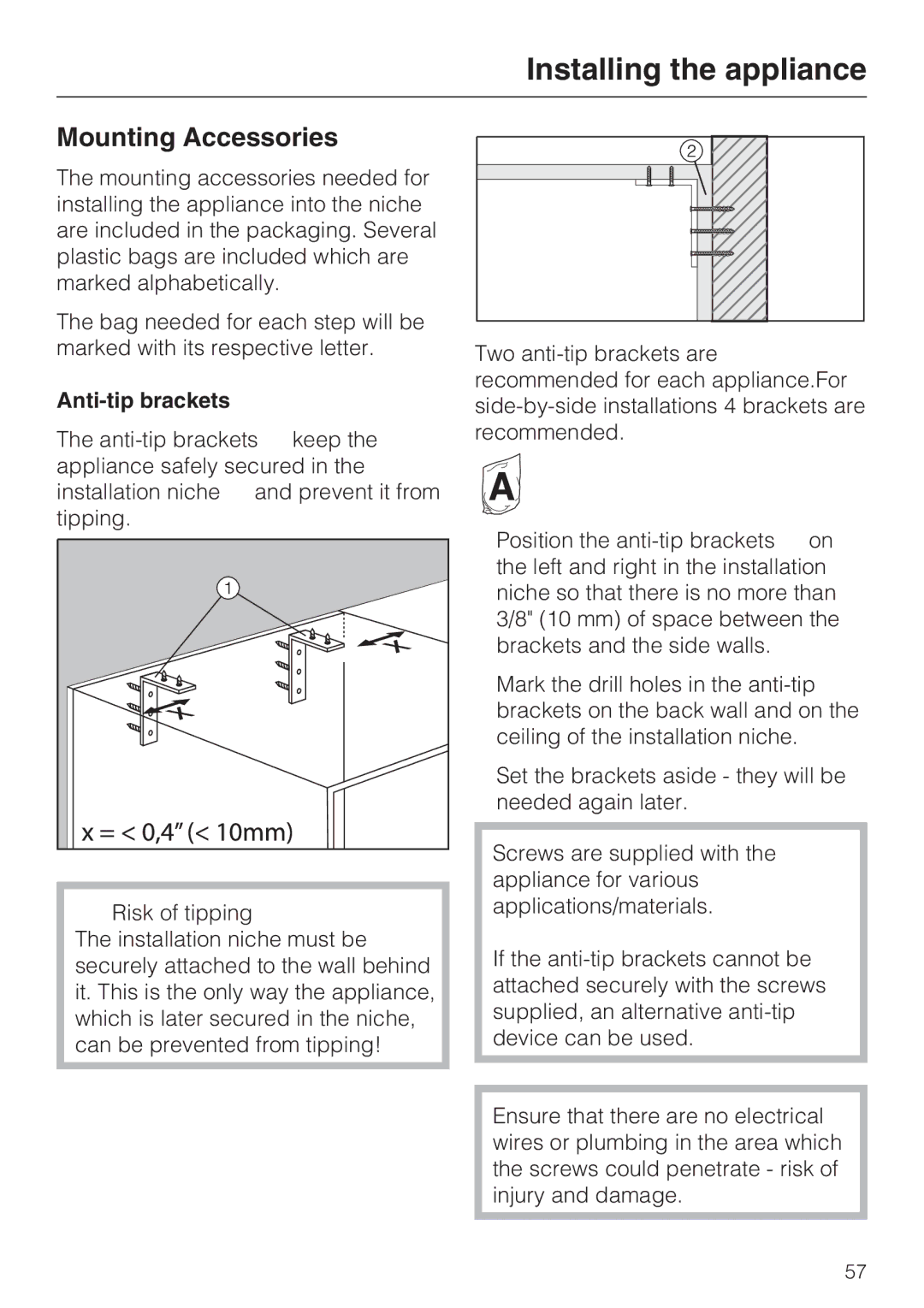 Miele F 1411 SF installation instructions Mounting Accessories, Anti-tip brackets 