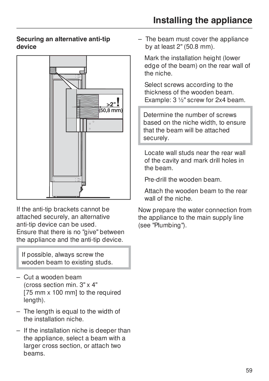 Miele F 1411 SF installation instructions Securing an alternative anti-tip device 