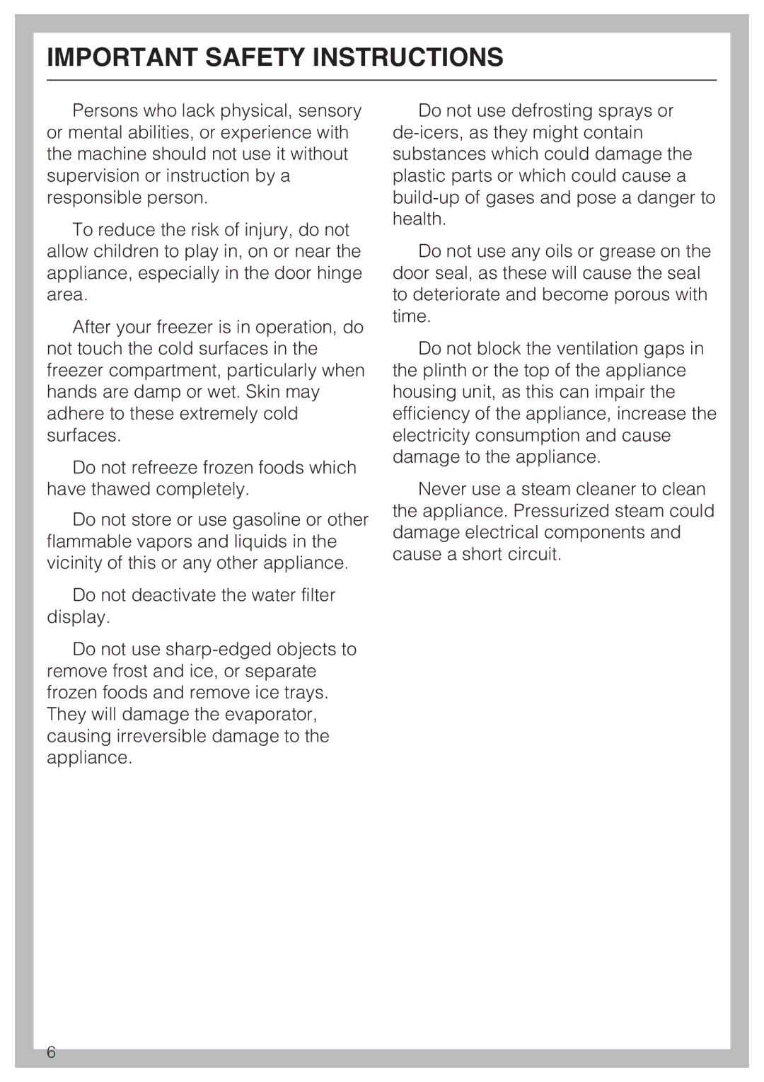 Miele F 1411 SF installation instructions Important Safety Instructions 