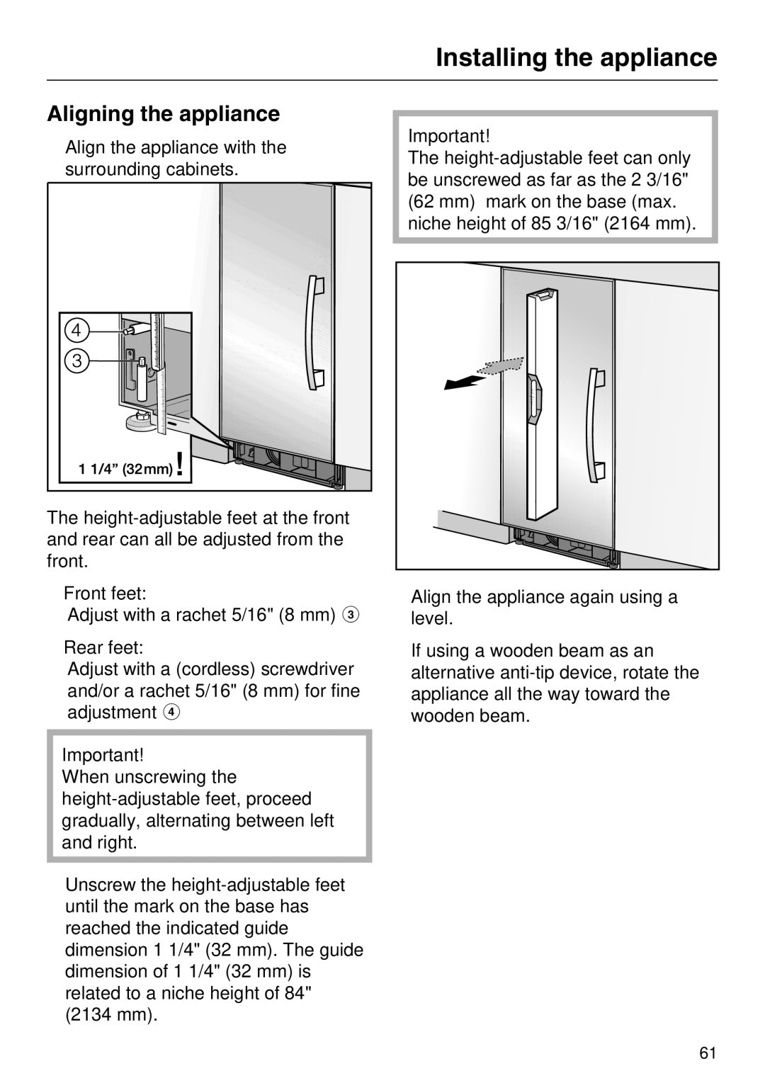 Miele F 1411 SF installation instructions Aligning the appliance 