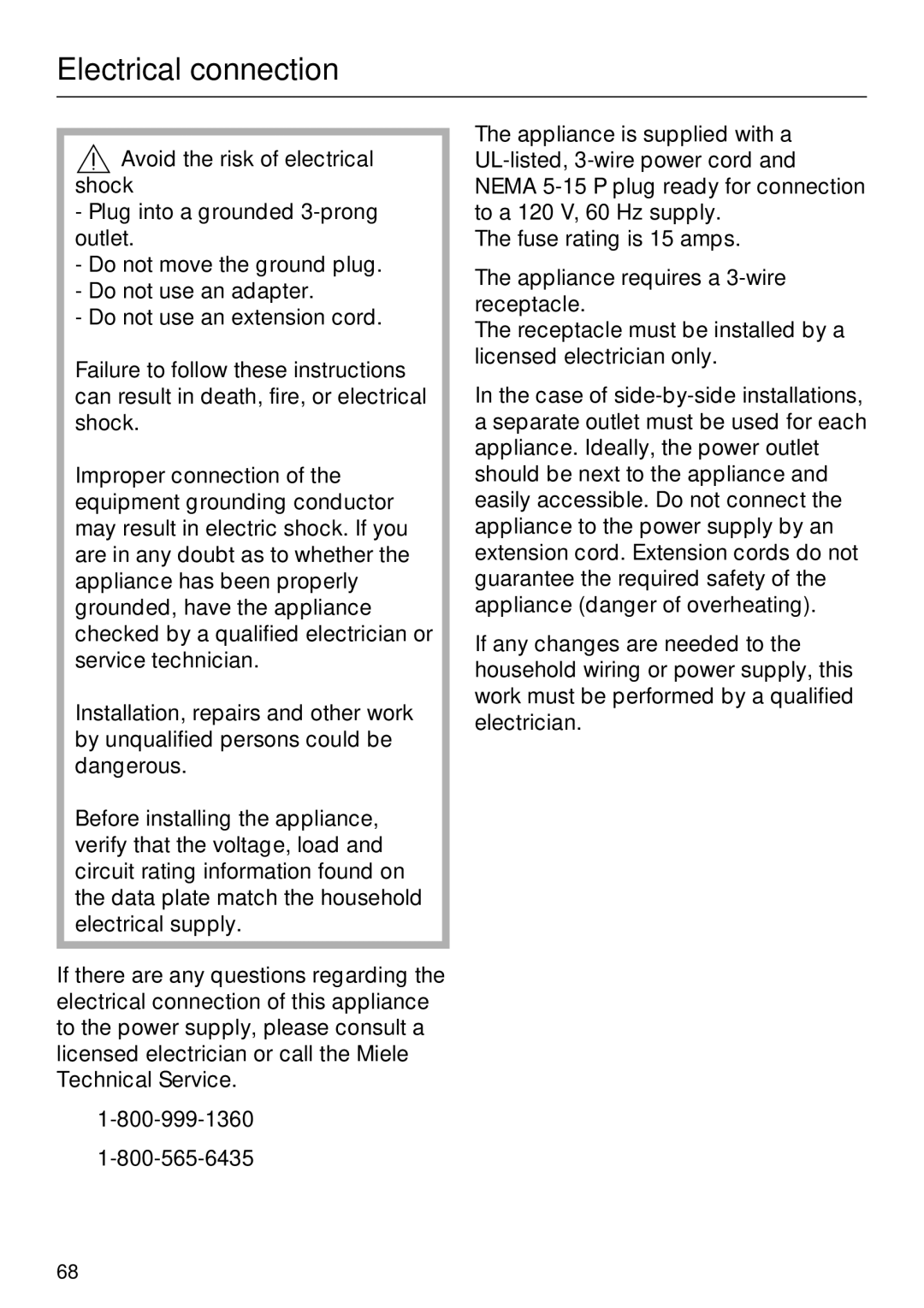 Miele F 1411 SF installation instructions Electrical connection 