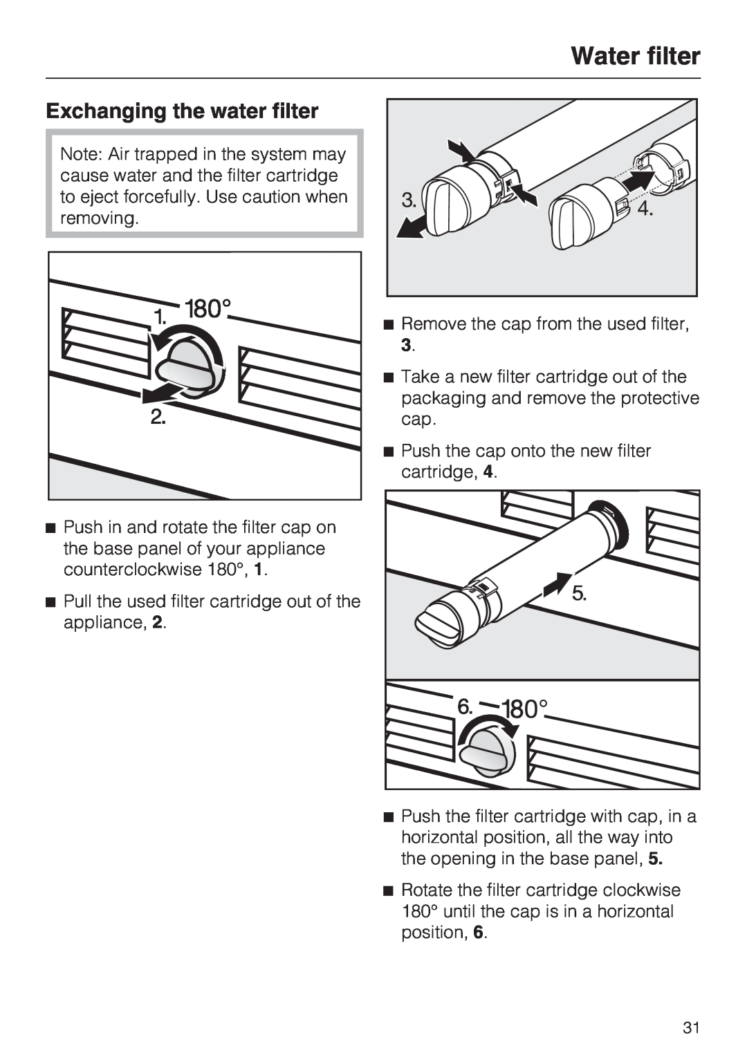 Miele F 1411 SF installation instructions Exchanging the water filter, Water filter 