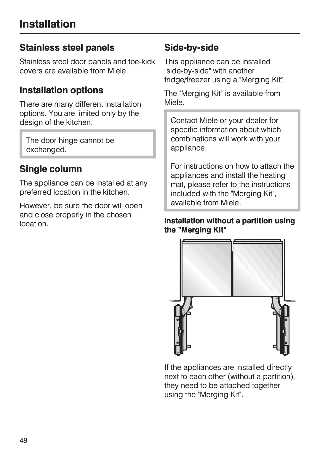 Miele F 1411 SF installation instructions Stainless steel panels, Installation options, Single column, Side-by-side 