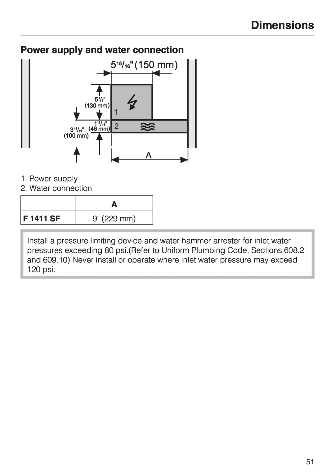 Miele F 1411 SF installation instructions Power supply and water connection, Dimensions, 9 229 mm 